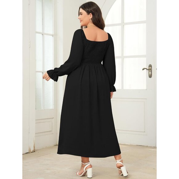 Plus Size Maxi Dress Long Sleeve Square Neck Smocked Boho Wedding Party - Picture 4 of 7